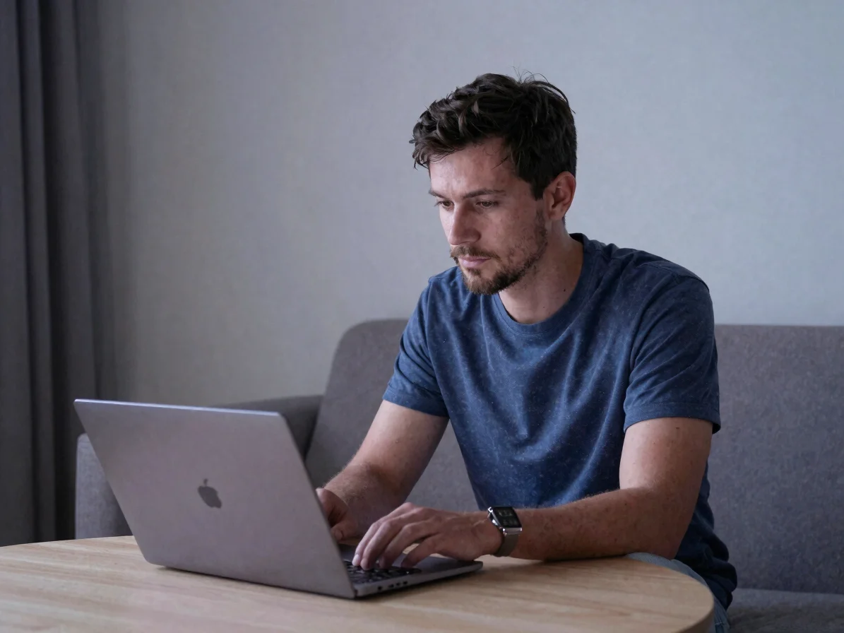 Persoon die op een laptop naar een film kijkt in een gewone Nederlandse woonkamer, zacht diffuus daglicht, blauwgrijze t