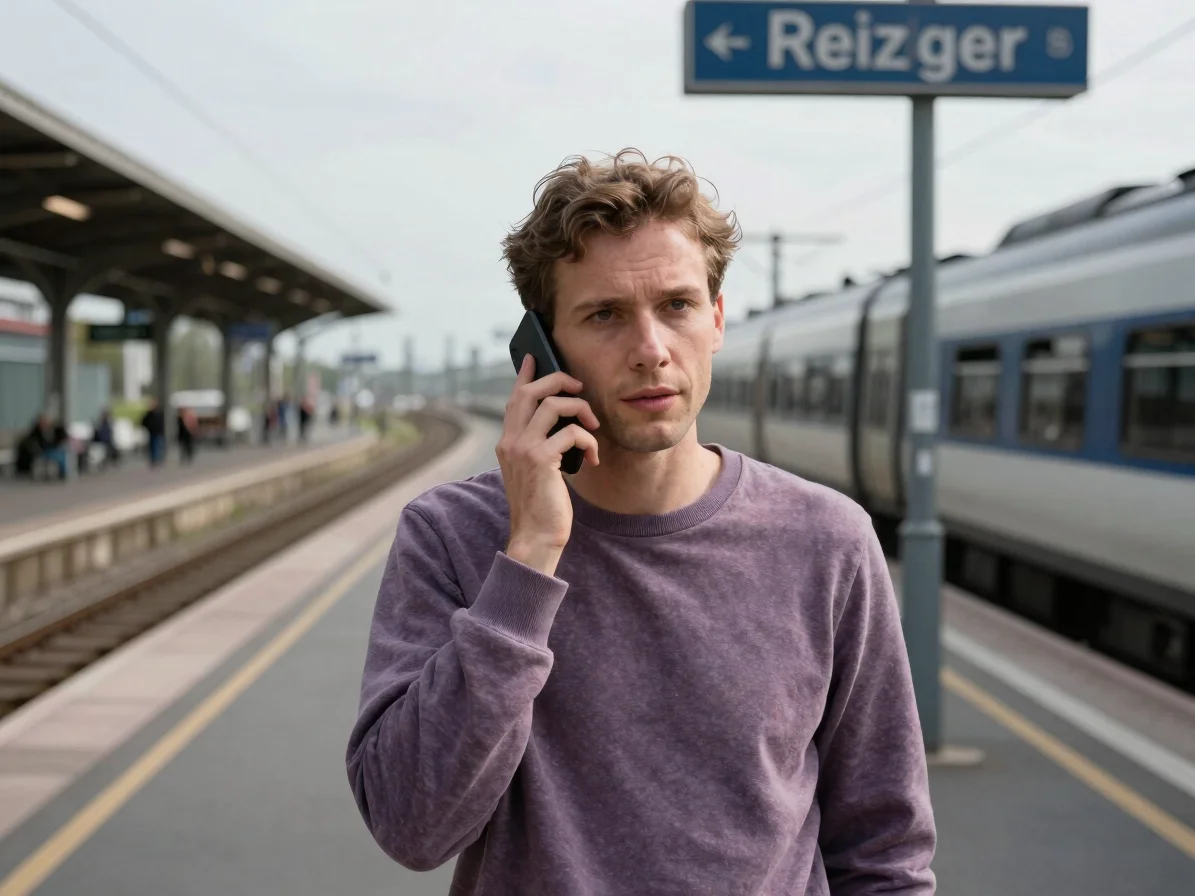 Reiziger met telefoon in een rustige stationshal of trein, zacht daglicht, natuurlijke huidtinten, ingetogen blauwgrijze