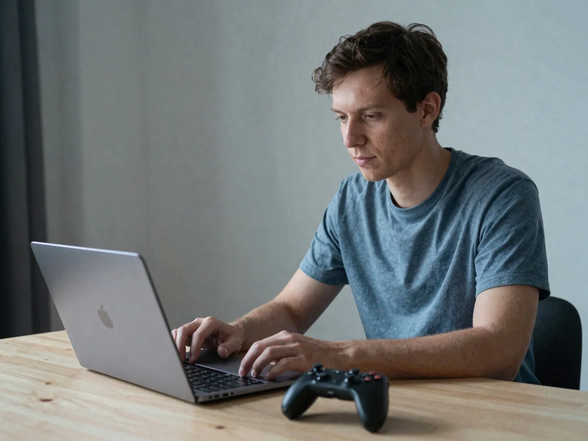 Gebruiker met laptop en gamecontroller aan een bureau in een eenvoudige thuiswerkruimte, zacht diffuus daglicht, blauwgr