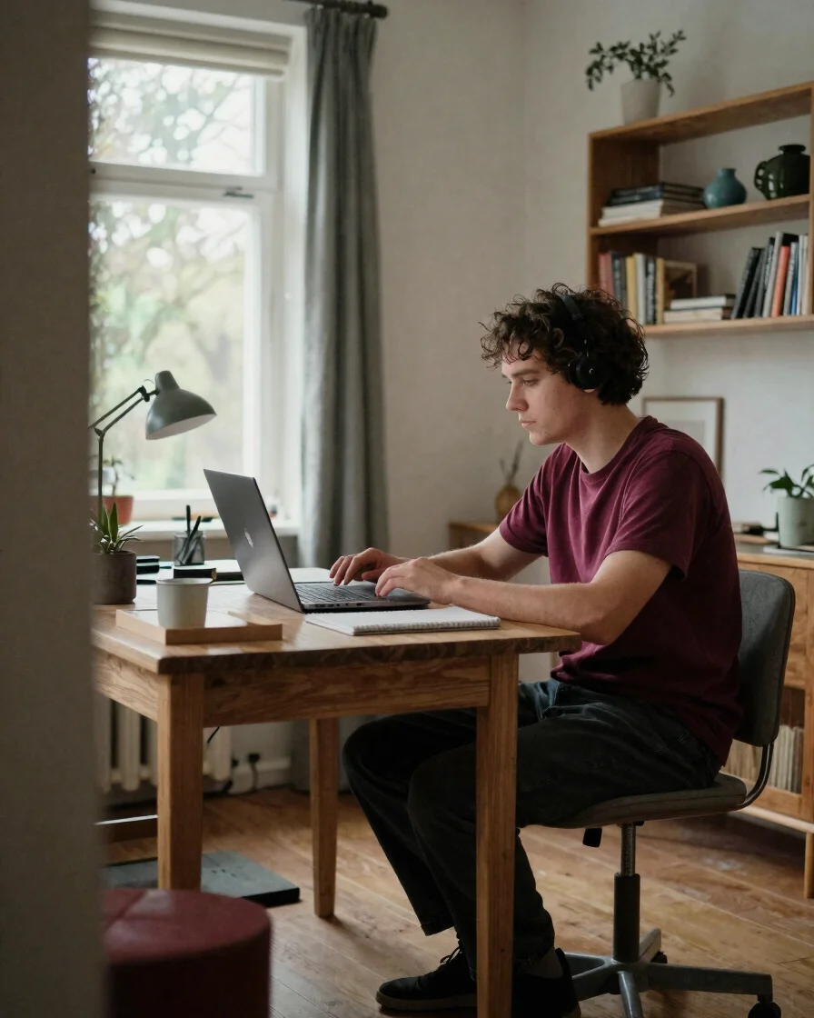 Rustige redactionele fotografie van een persoon die thuis aan een bureau werkt met een laptop, zacht diffuus daglicht, i